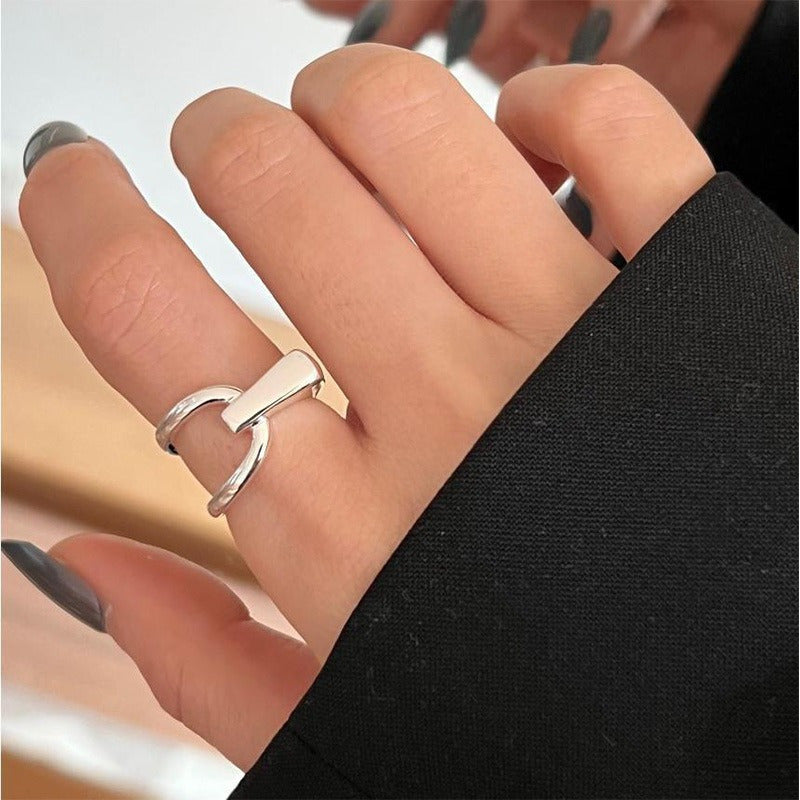 Silver Female Index Finger Ring S925 Silvery Geometric Lines Open