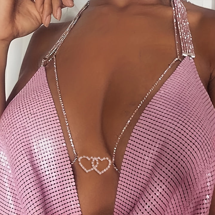 Rhinestone Inlaid Love Heart Chest Chain Bikini Jewelry  BLING QUEEN