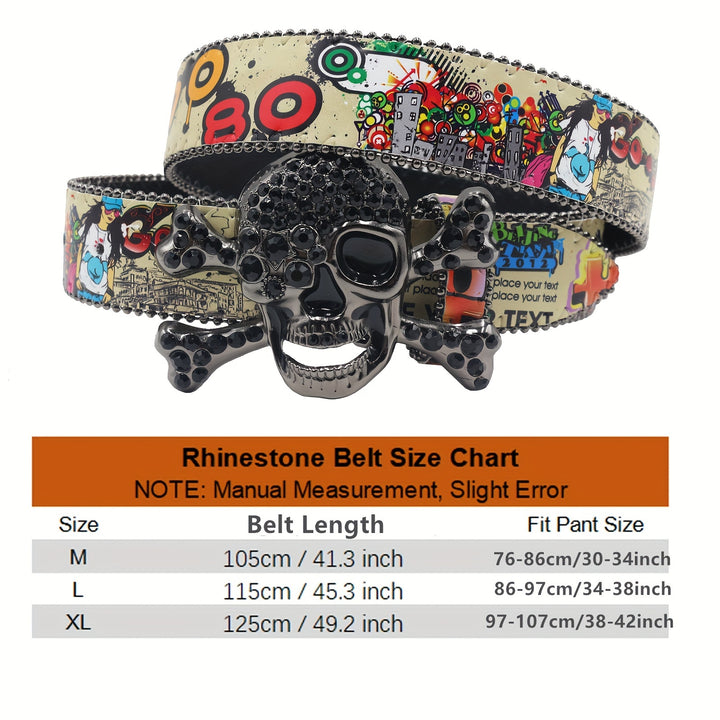 Vintage Skull Print Belt Rhinestone Buckle Western Y2K Belts  display picture 2